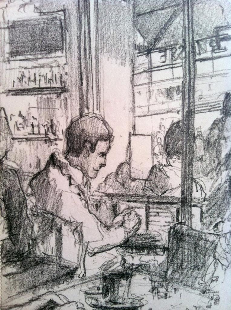 Dans un bar à Montparnasse/crayon 2B/ papier 120g/Format 14 x 21/ février 2013.
