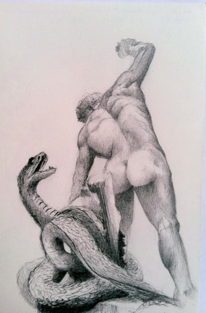 Hercule combattant Acheloüs métamorphosé en serpent/crayon B sur papier 120g/ Format 14 x 21/février 2013