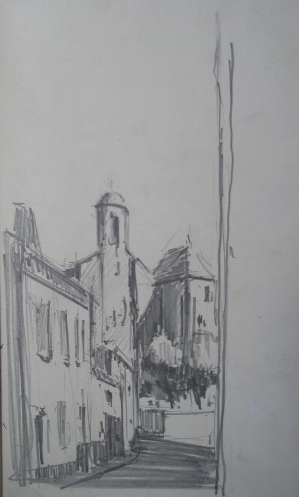 Saint-Ferme vue de l'abbaye depuis la rue  (extrait d'un carnet de pèlerin cheminant de Mussidan à Bazas/2009)