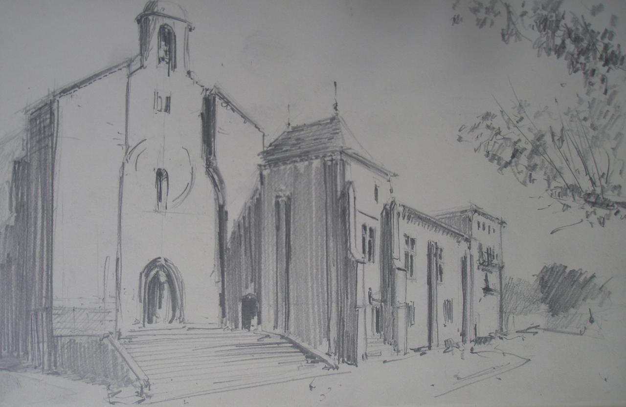 Saint-Ferme vue de l'abbaye depuis la place (extrait d'un carnet de pèlerin cheminant de Mussidan à Bazas/2009)